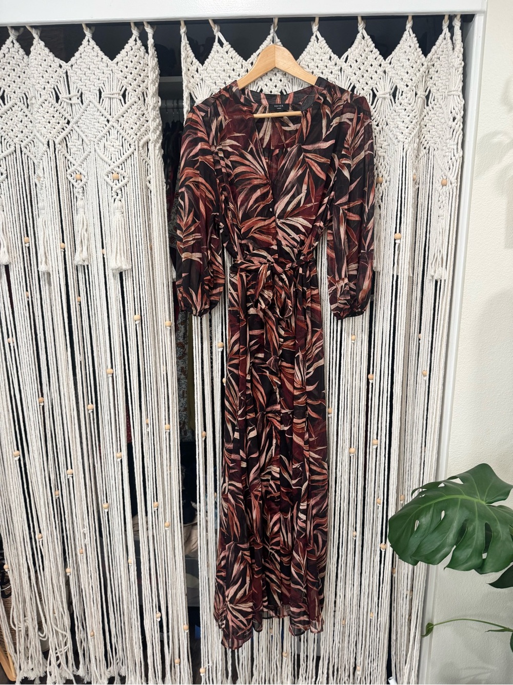 Have Long-Sleeve Wrap Maxi Dress in Brown and Cream Leaf Print